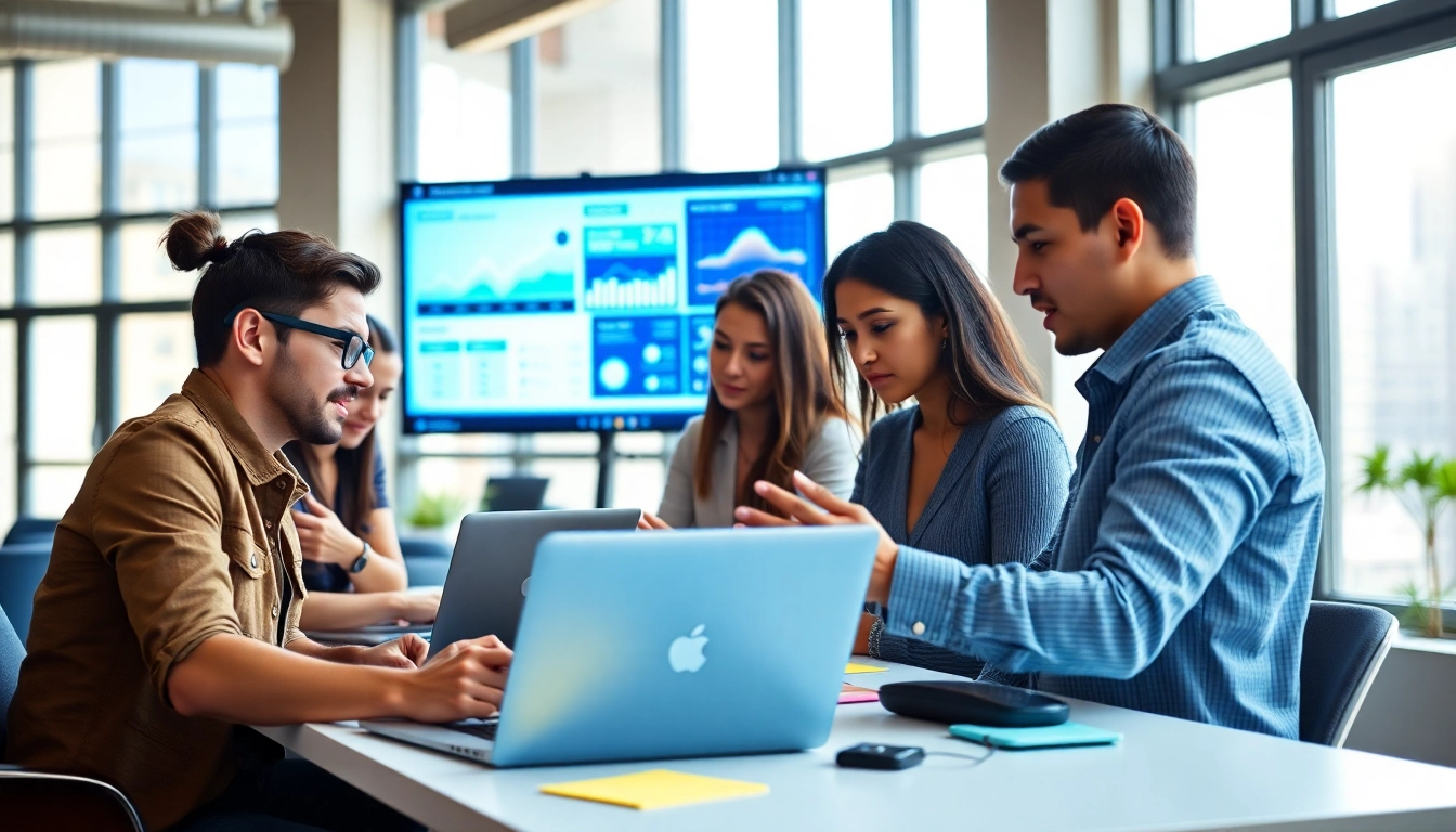 Engaging scene of a social media agency team working collaboratively in a bright office.