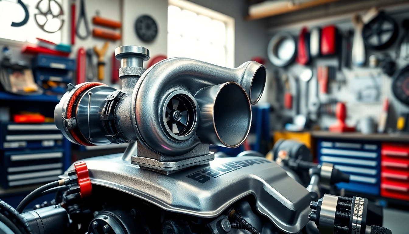 Turbosmart boost-ready turbo showcased in a vibrant automotive workshop with tools and bright lighting.
