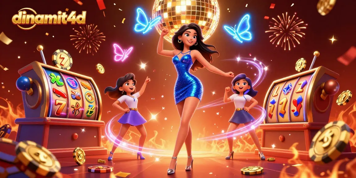 Spin to win with dinamit4d as the glamorous woman dances amidst vibrant casino elements.