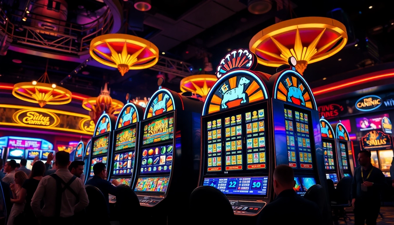 Pelajari slot deposit 1000 di kasino dengan mesin slot berwarna cerah dan suasana ramai.