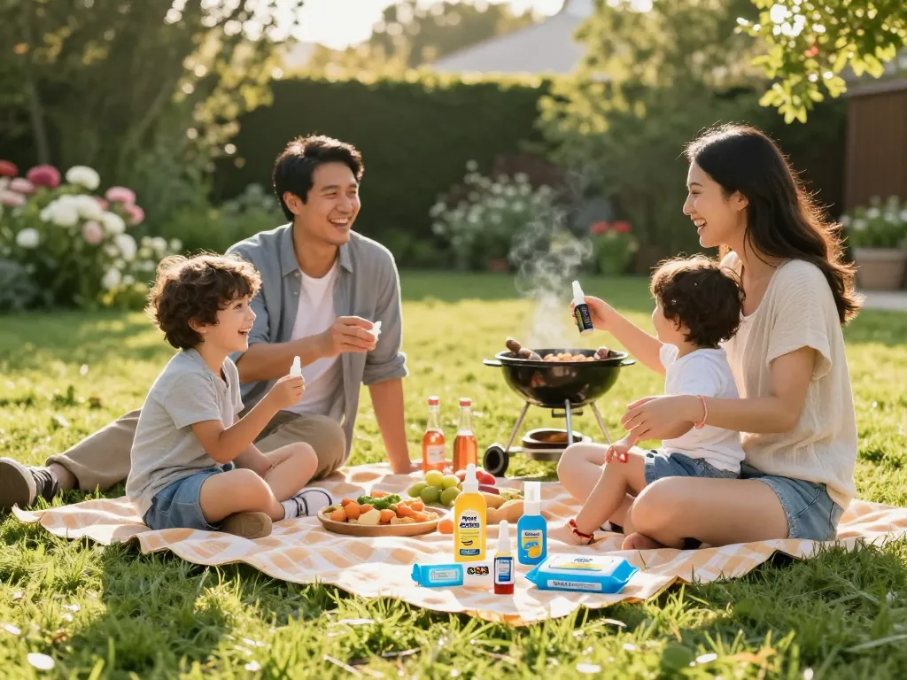 Family enjoying a picnic, promoting the Best Mosquito Repellent with various products displayed in a sunny backyard setting