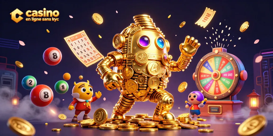 Illustration dynamique de casino en ligne sans kyc avec un golem doré et des éléments de loterie vibrants.