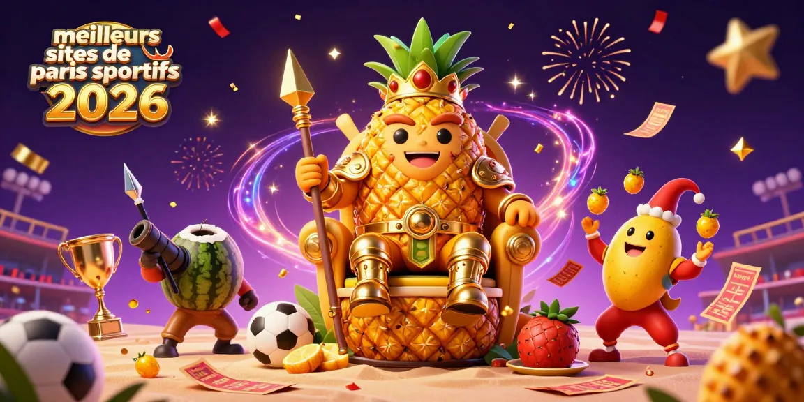 Illustration des meilleurs sites de paris sportifs 2026 avec un roi ananas et des éléments de jeu festifs.