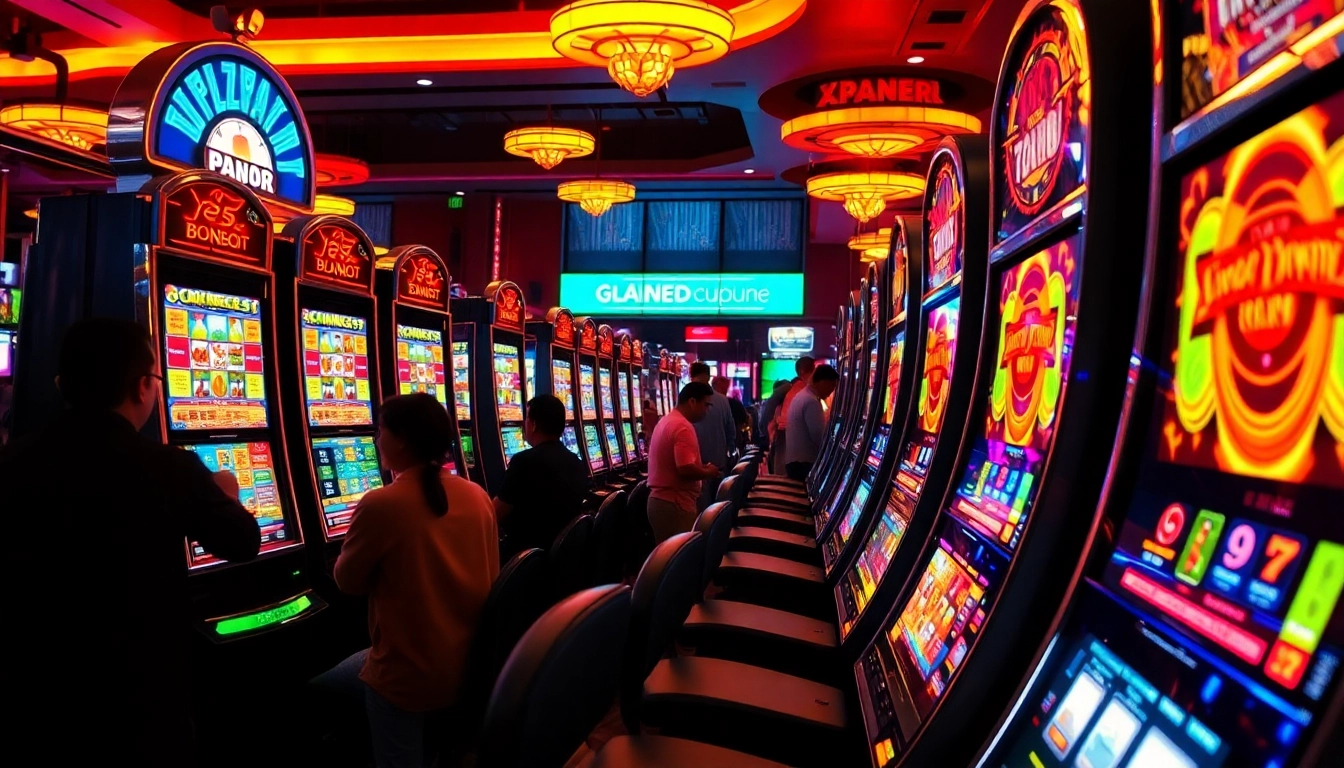 Mesin slot yang cerah dan berwarna-warni di kasino, menarik banyak pemain senang.