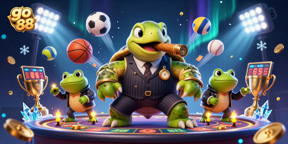 Join the action with go 88 at the casino as the snapping turtle savors a victorious moment surrounded by gaming elements.