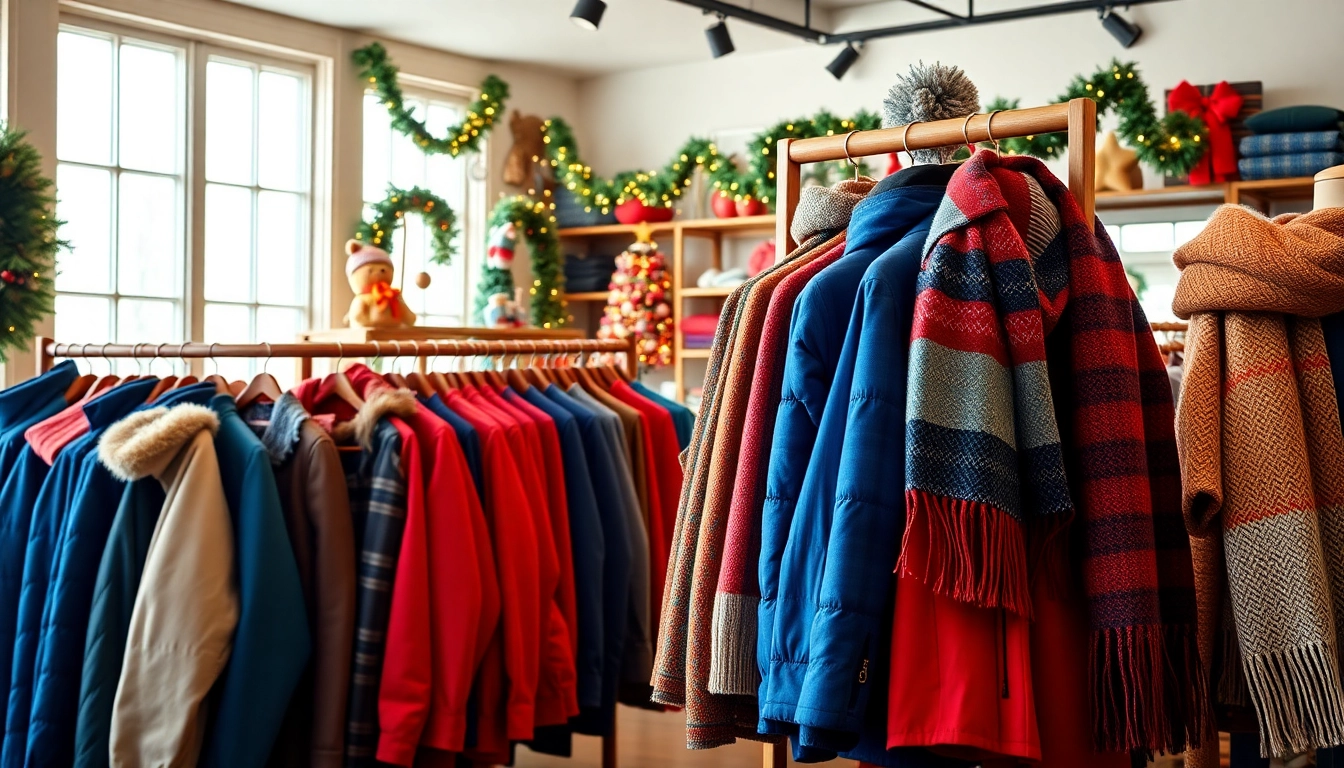 Shop the best deals on winter clothing this season with a vibrant display of jackets and scarves.