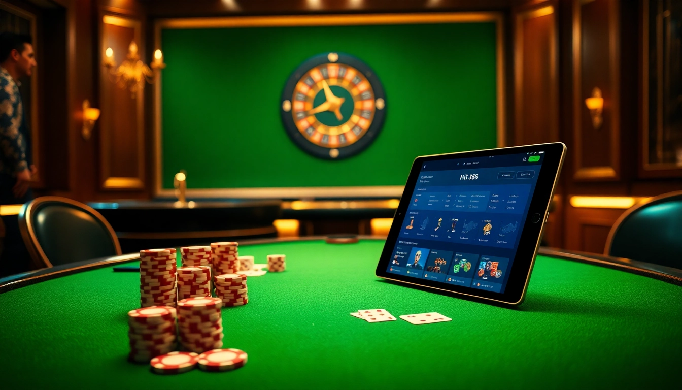 Experience the excitement of Hi88 online gambling with a luxurious casino scene of poker and betting.