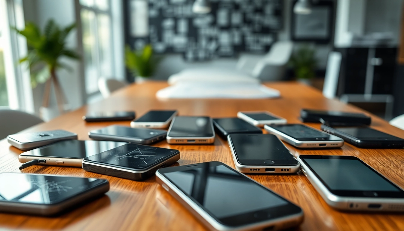 Selling old phones displayed on a stylish table, emphasizing their unique features and wear.