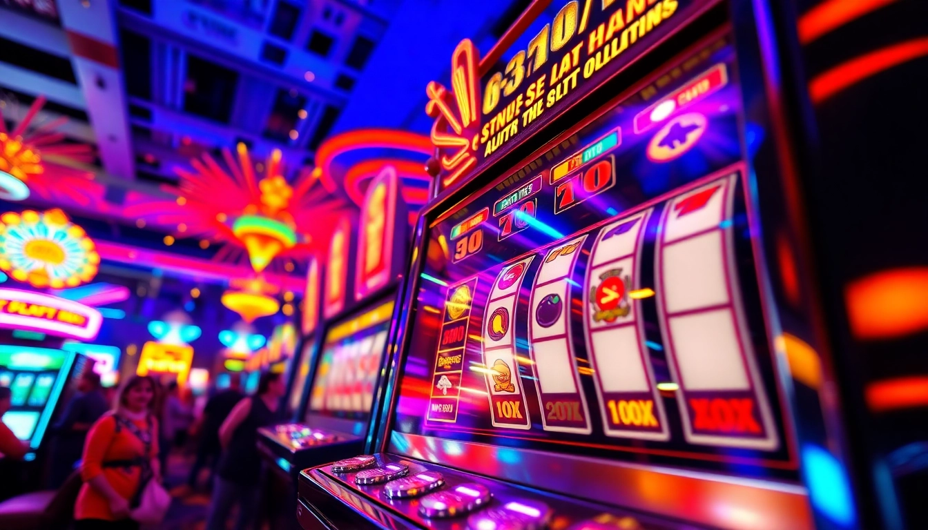 Menggulung slot mesin dengan lampu cerah di kasino yang ramai.