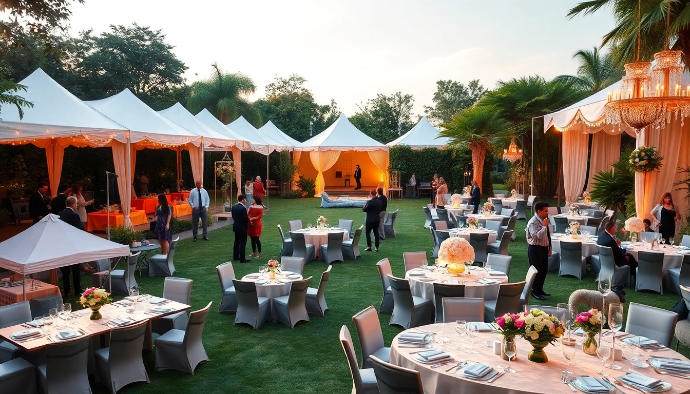 Showcase of Corporate Event Rentals in an elegant outdoor setting with stylish tents and table setups.