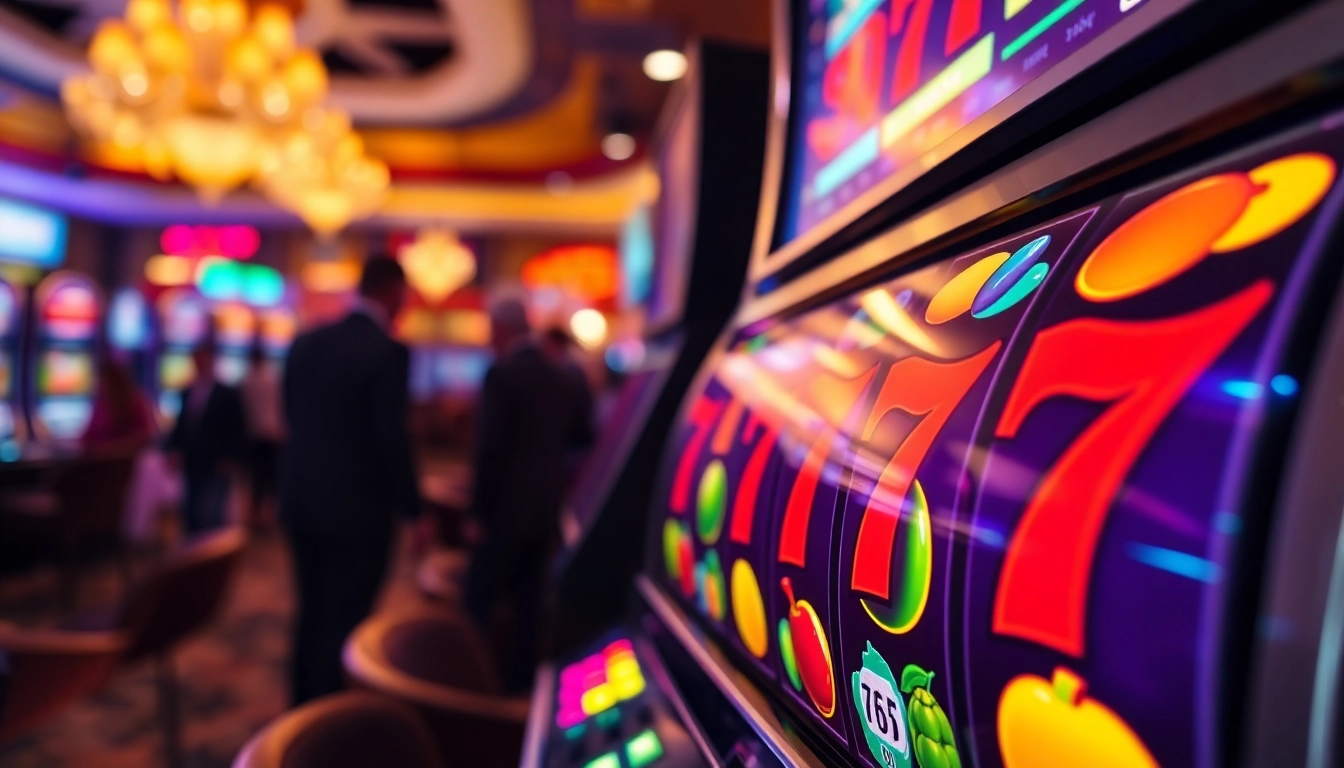 Slot777 mesin slot yang berputar dengan simbol cerah dan suasana kasino yang hidup.