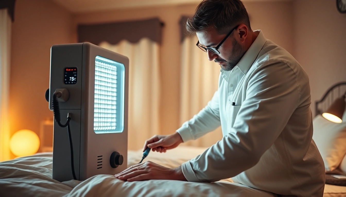 Technician performing bed bug heat treatment in a cozy bedroom with modern equipment.