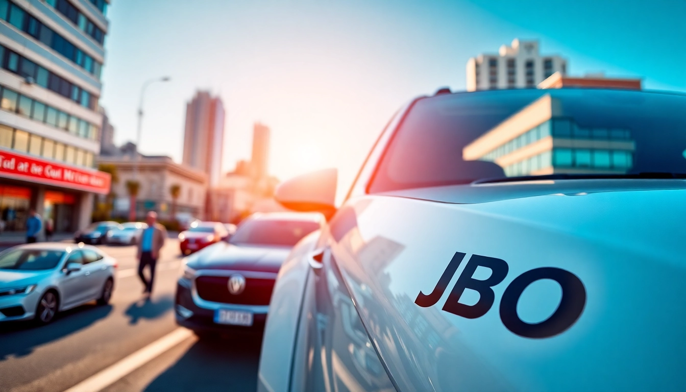 Showcasing JBO logo on a modern vehicle against a vibrant urban background.
