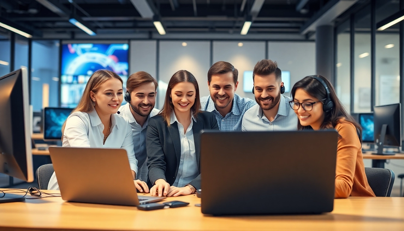 IT support services team collaborating in a modern office, showcasing teamwork and technology.