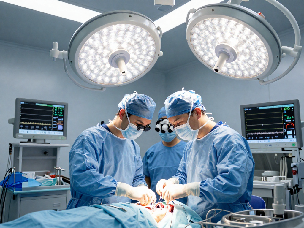 Bel fıtığı ameliyatı taking place in a modern operating room with surgeons and advanced medical equipment.