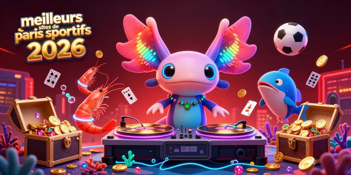 Illustration festive des meilleurs sites de paris sportifs 2026, avec un DJ axolotl et éléments de paris sportifs.
