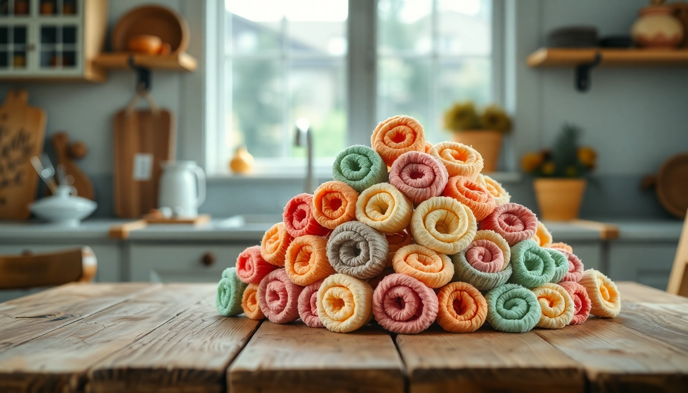 Wafel katoen rollen in verschillende kleuren op een houten tafel, perfect voor creatief gebruik.