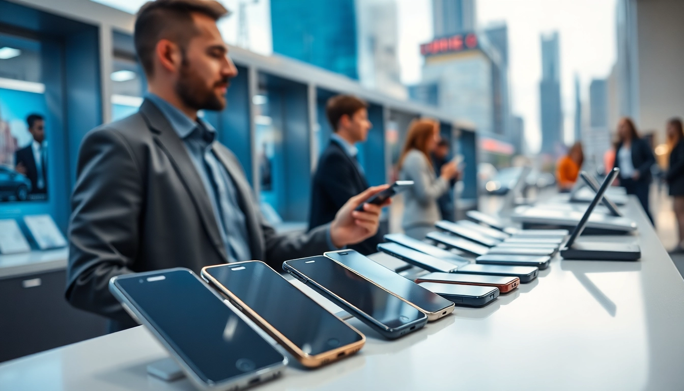Selling old phones at a modern kiosk with sleek design and engaged customers.