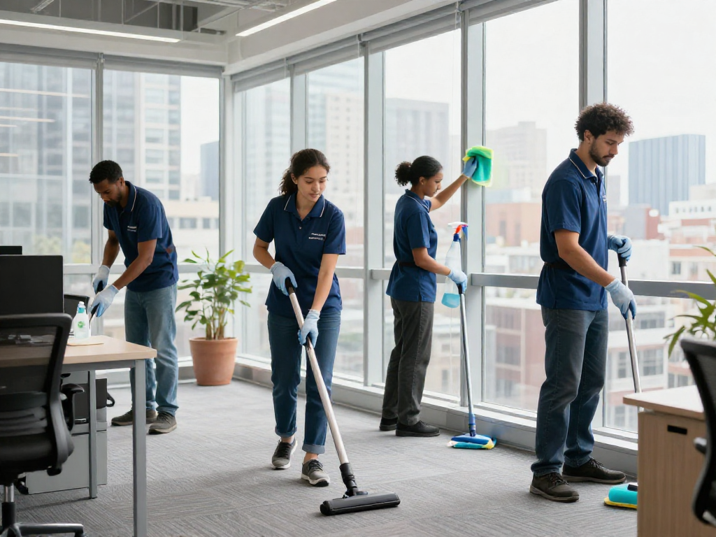 Reinigungsdienst Dortmund: Professionelles Reinigungsteam in einem modernen Büro reinigt gemeinsam und sorgt für Sauberkeit.