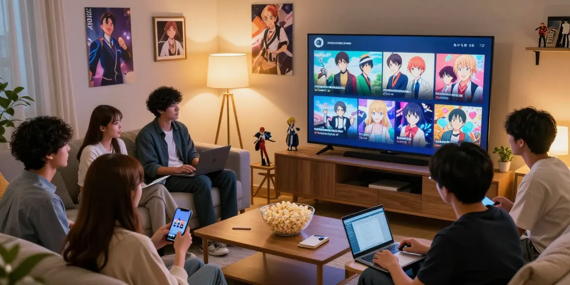Penggemar anime menikmati animeplay bersama di ruang tamu yang ceria.