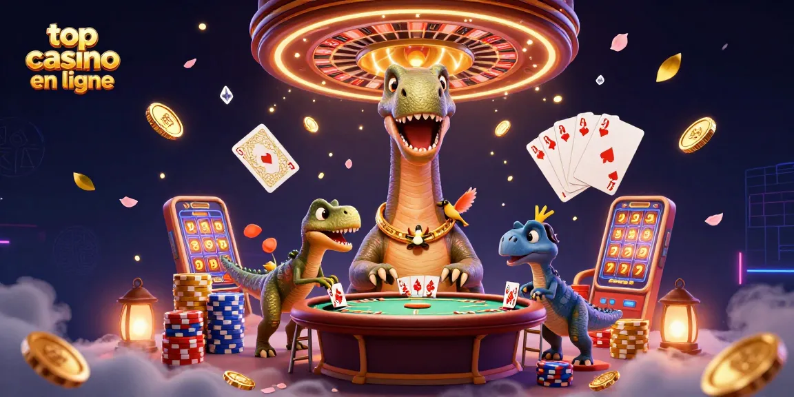 Jouez dans le meilleur casino en ligne avec un brontosaurus et un raptor animant une scène de poker.