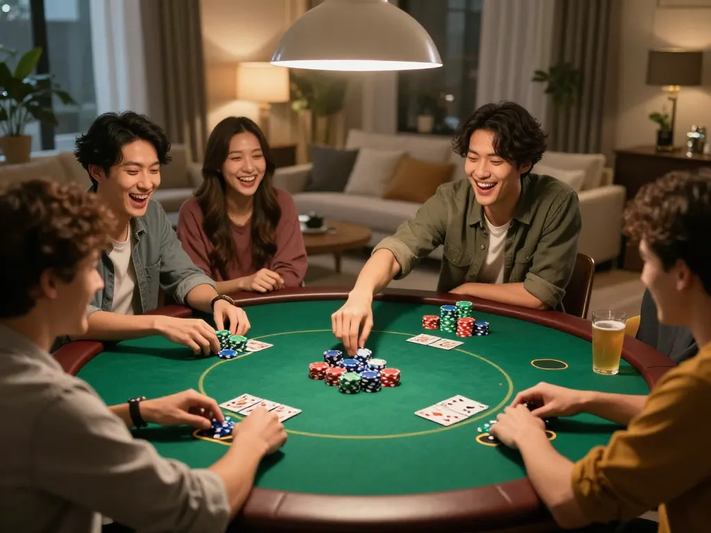 Engaged friends enjoy poker night at home with okwin casino theme, showcasing friendly competition.