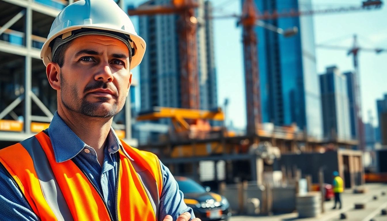 New Jersey Construction Manager overseeing a busy construction site with cranes and scaffolding.