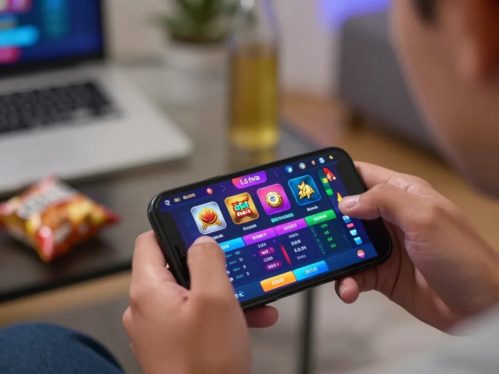 Lô đề online gaming via smartphone with vibrant betting options in a cozy home setting