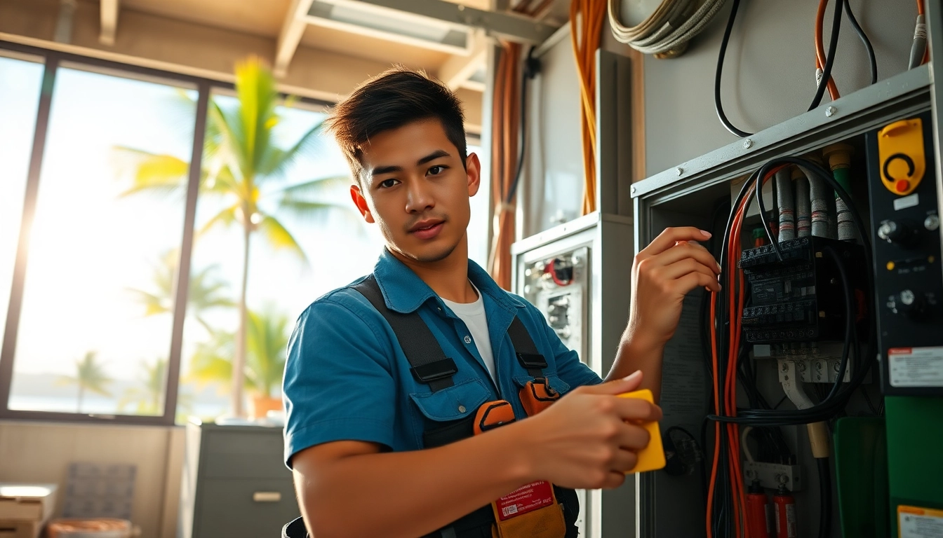 Electrician apprenticeship hawaii featuring a young trainee working on electrical panels in a sunny Hawaiian setting.