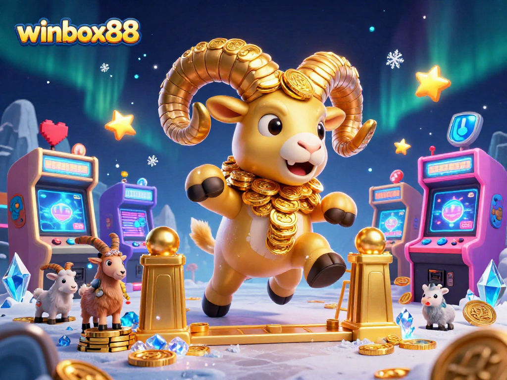 Engage with winbox88 gameplay featuring a golden ram and arcade elements in a vibrant casino scene.