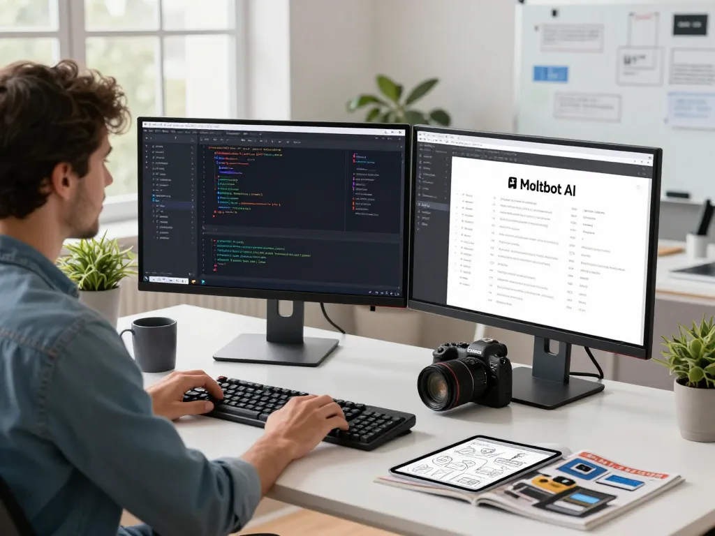 Moltbot AI coding scene with developer working on dual monitors displaying integration dashboard and complex code for clawdbot.