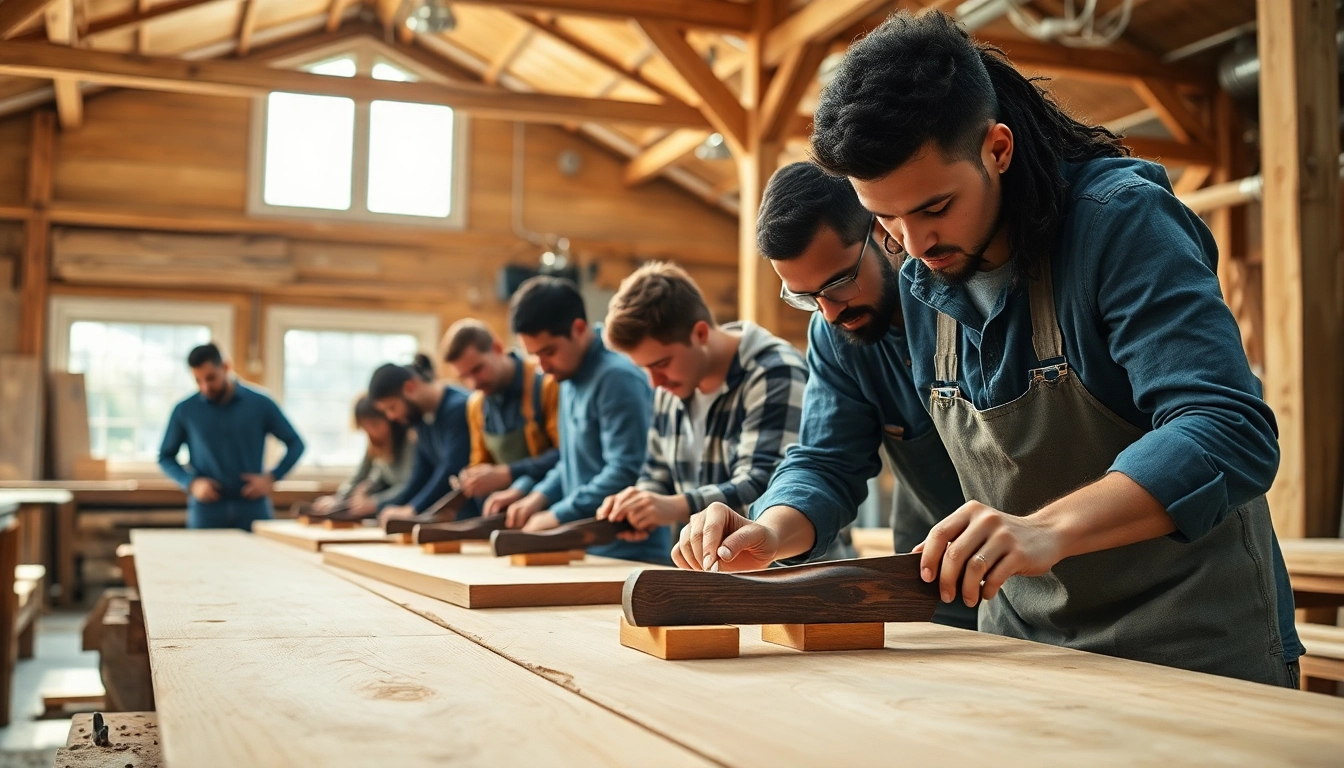 Engaged apprentices in a carpentry apprenticeship workshop, demonstrating craftsmanship with tools in action.
