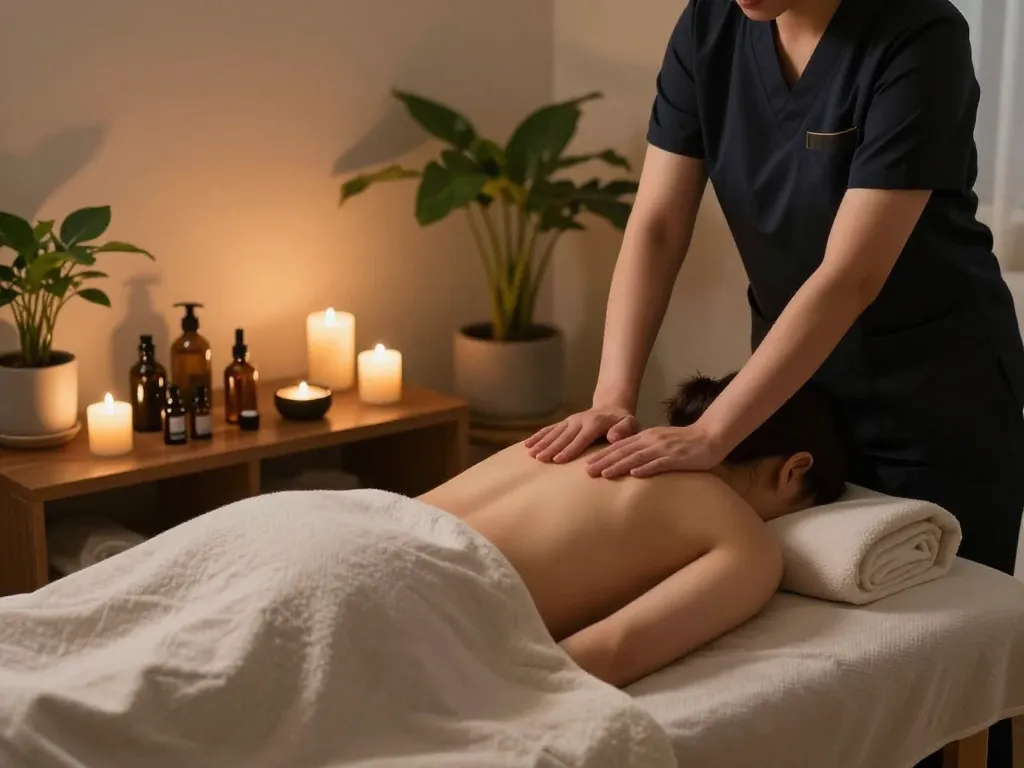 서울출장마사지 session in a serene home environment with a professional therapist providing calming care.
