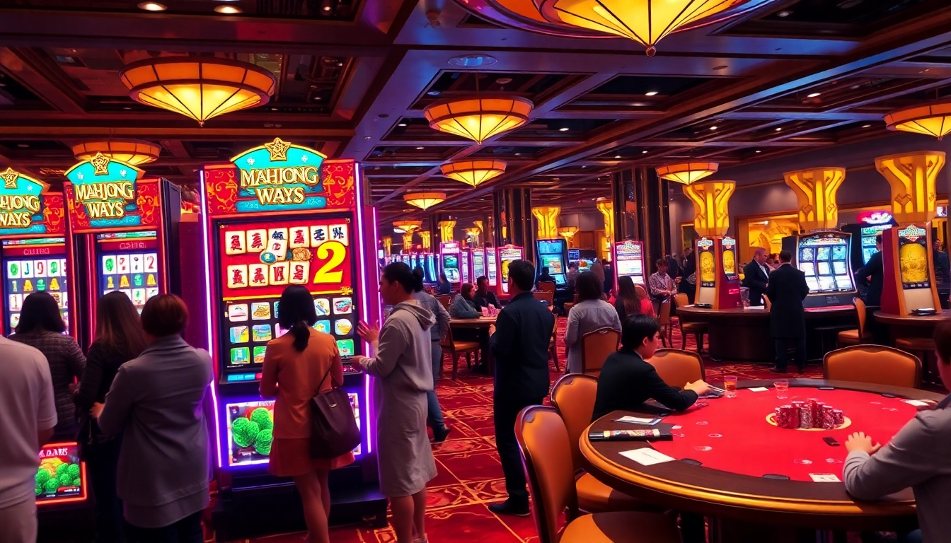 Players enjoying Mahjong Ways 2 slot machine in a vibrant casino setting, celebrating wins.