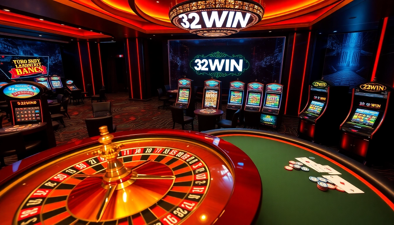 Experience the thrill of 32WIN with professional gambling elements in a luxurious casino.