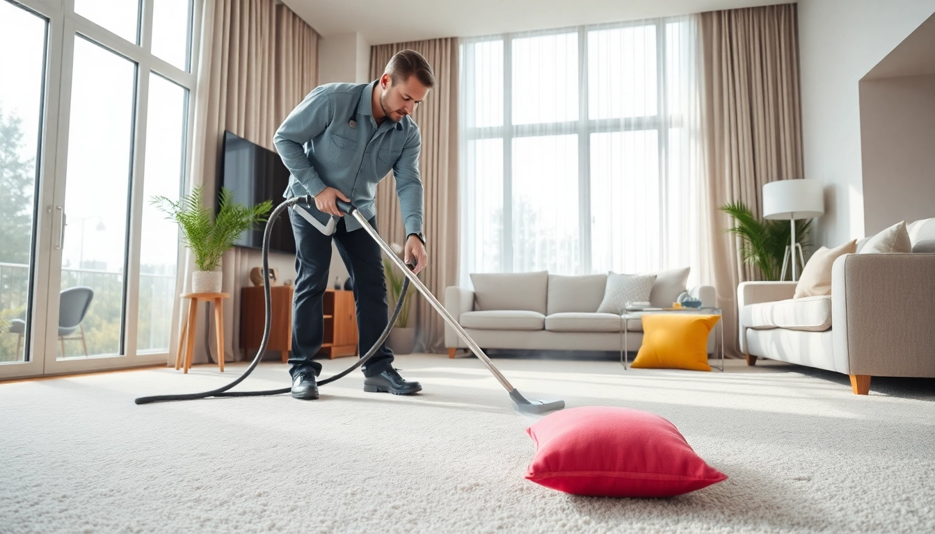 Enjoy effective carpet cleaning near me with a technician demonstrating expertise in a bright living room.