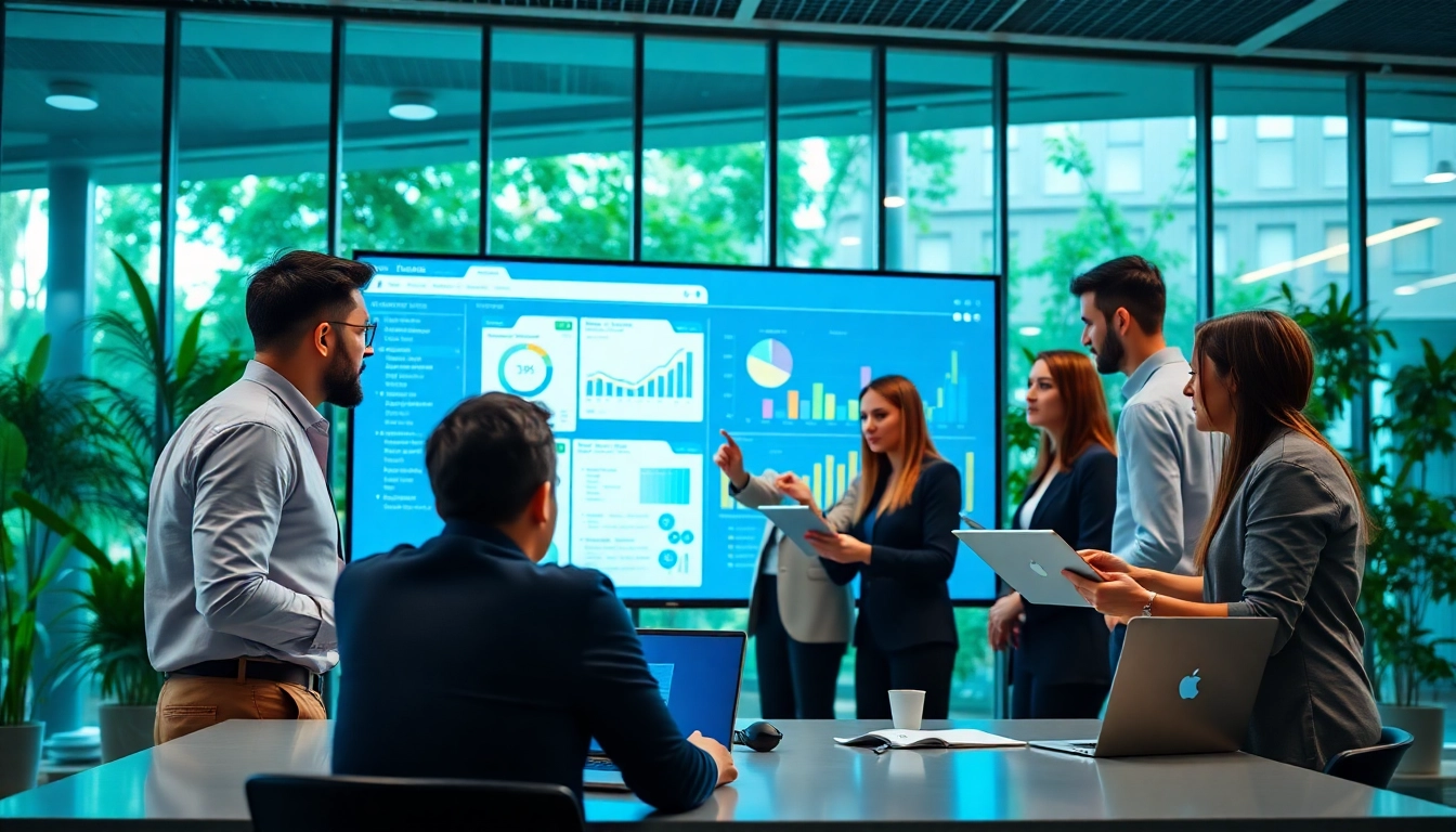 Engaging scene depicting enterprise search tools enhancing collaboration and discovery in a modern office.