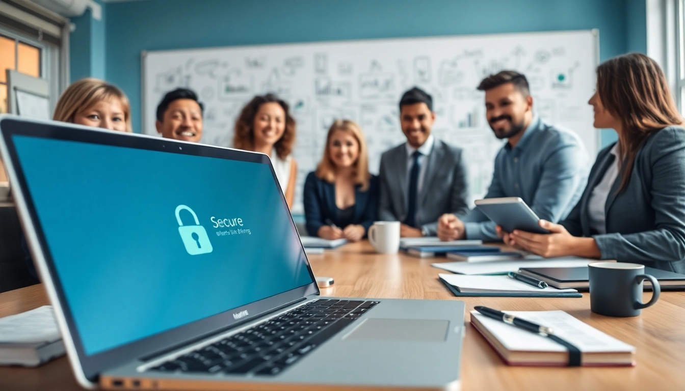 Teamwork on a secure link sharing platform in a contemporary office setting.