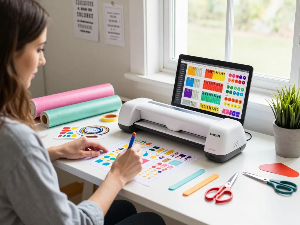 Person crafting with a cricut svg bundle in a bright workspace surrounded by vibrant vinyl and tools.