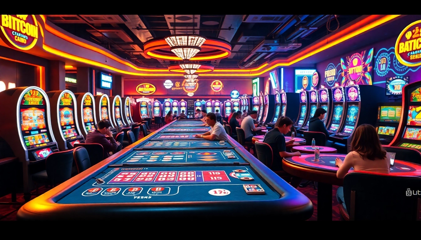 Engaged players enjoying games at a bitcoin casino with vibrant lights and modern design.