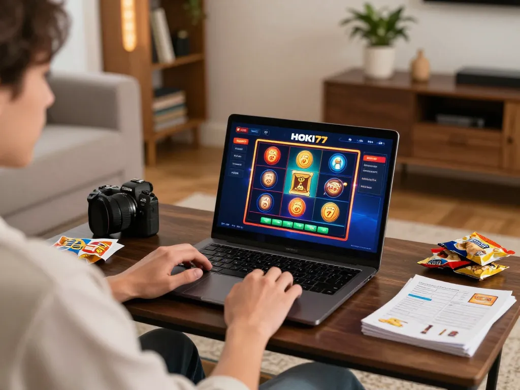 Rasakan gameplay yang mendebarkan di antarmuka slot HOKI77 di pengaturan rumah yang nyaman dengan elemen strategis.