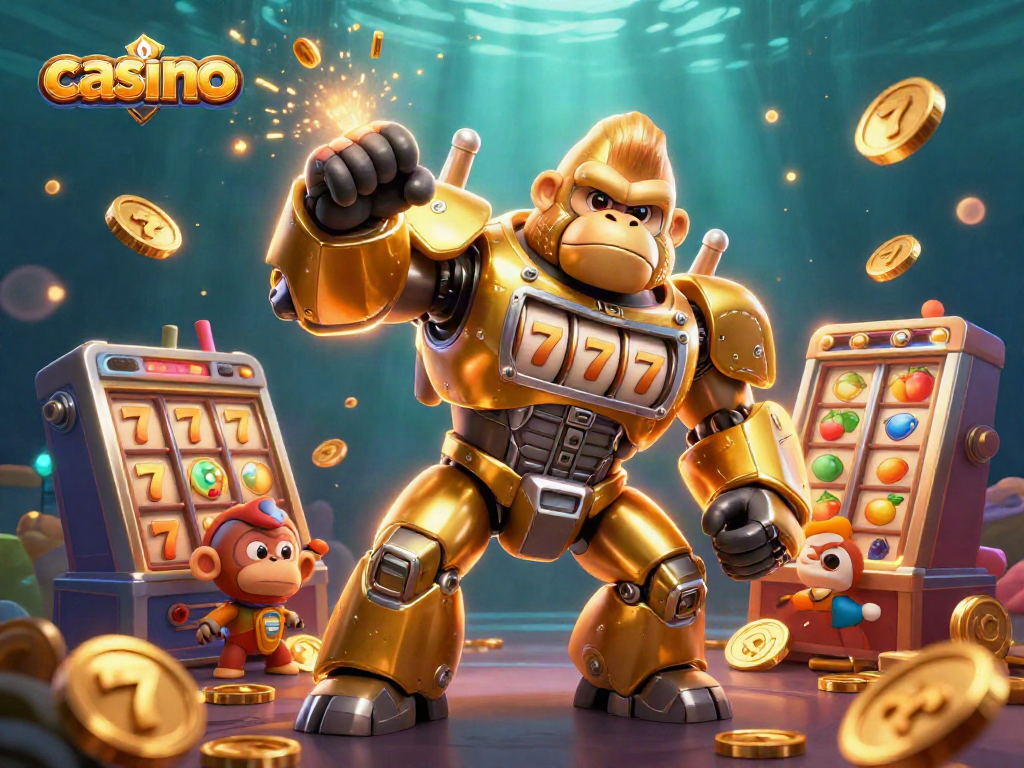 Engaging casino scene featuring a golden mech gorilla made from slot machine parts amidst golden coins and winning reels.