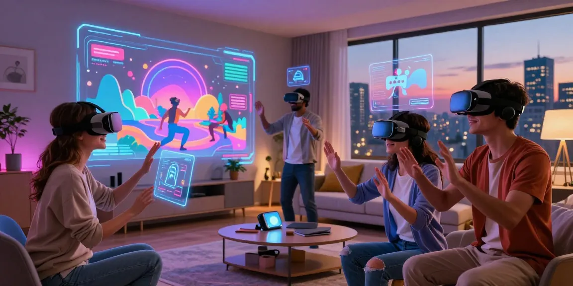 Group using VR headsets in a modern living room showcasing immersive AI porn experiences.
