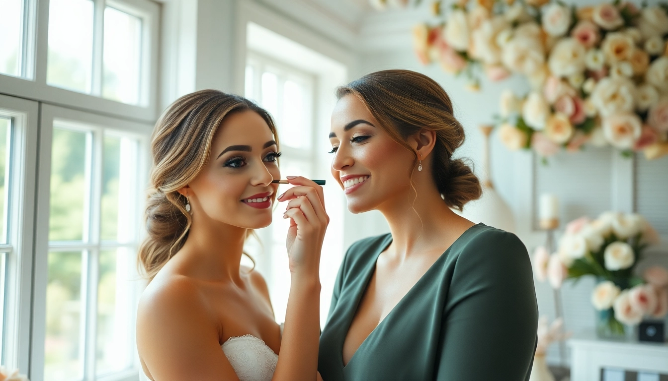 Northern Virginia makeup artist skillfully applies makeup to a bride in a flower-adorned, bright room.