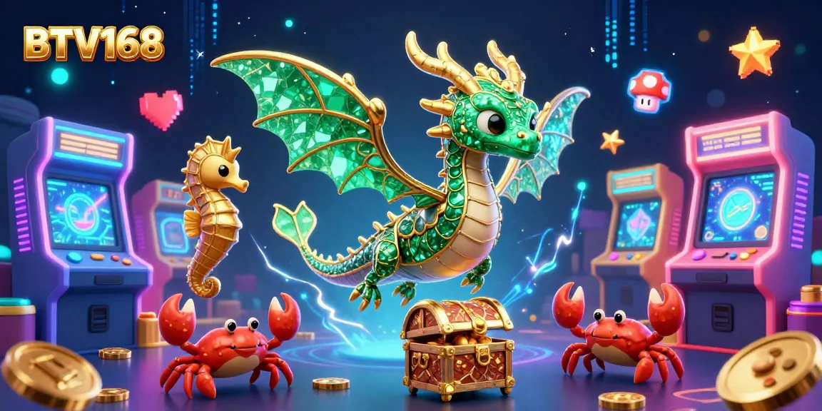 BTV168 showcases an emerald sea dragon with arcade elements in an engaging casino scene.