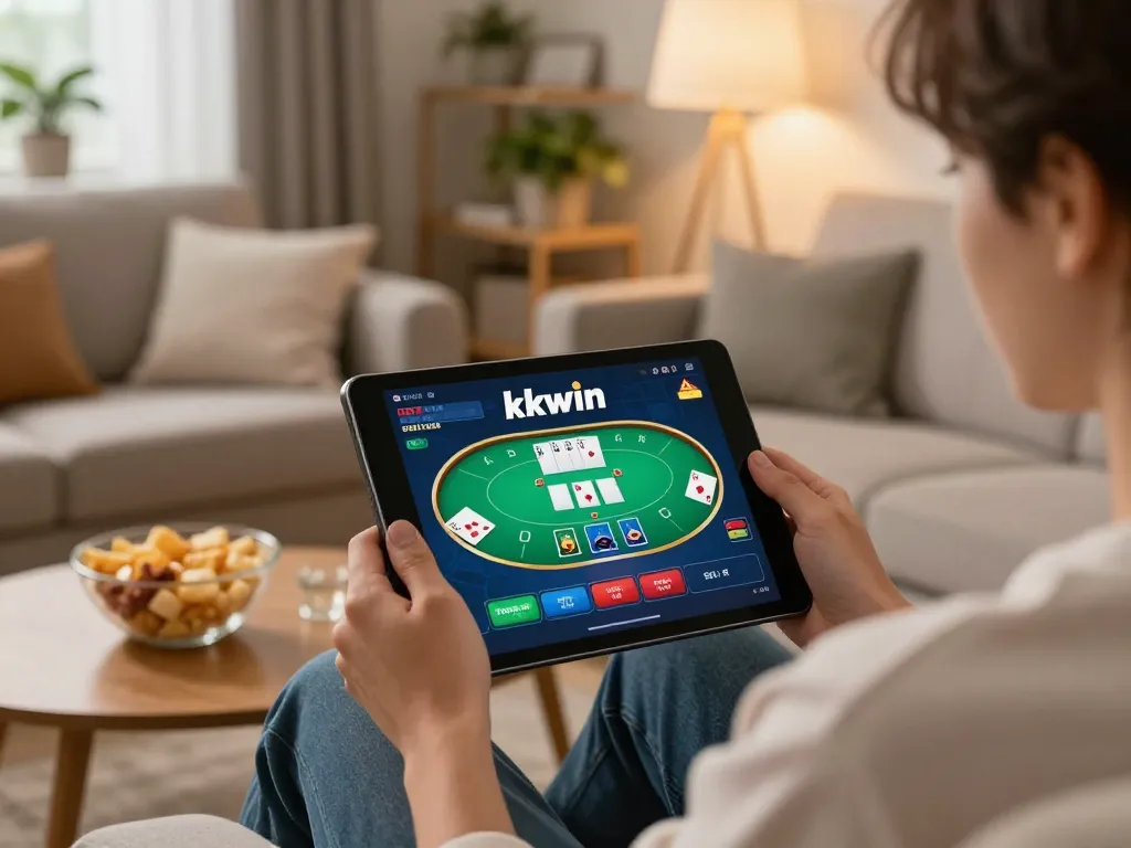 Player enjoys kkwin poker game on tablet in a cozy home setting with warm lighting and snacks.