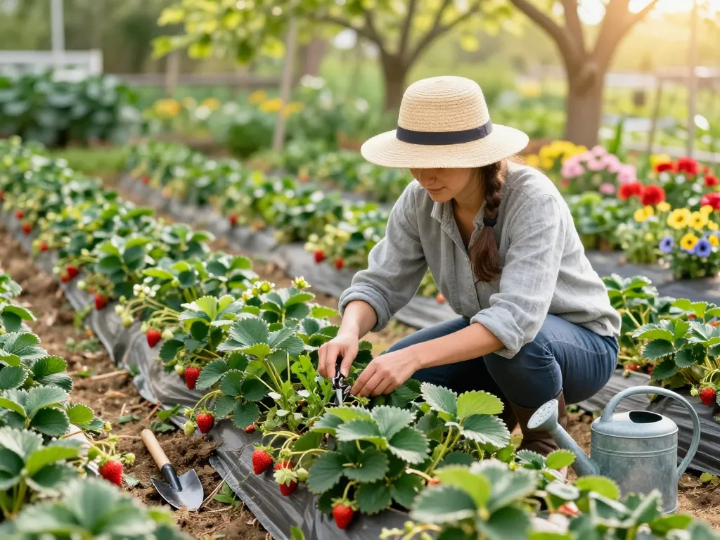 Gardener nurturing aardbeienplanten kopen in a vibrant spring garden.