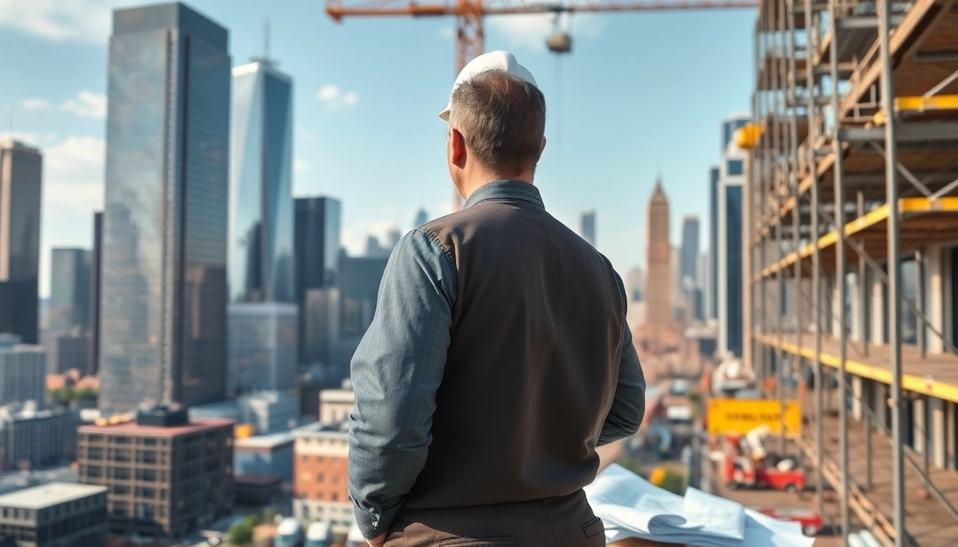 New York City Construction Manager reviewing plans at a busy construction site with skyline backdrop.