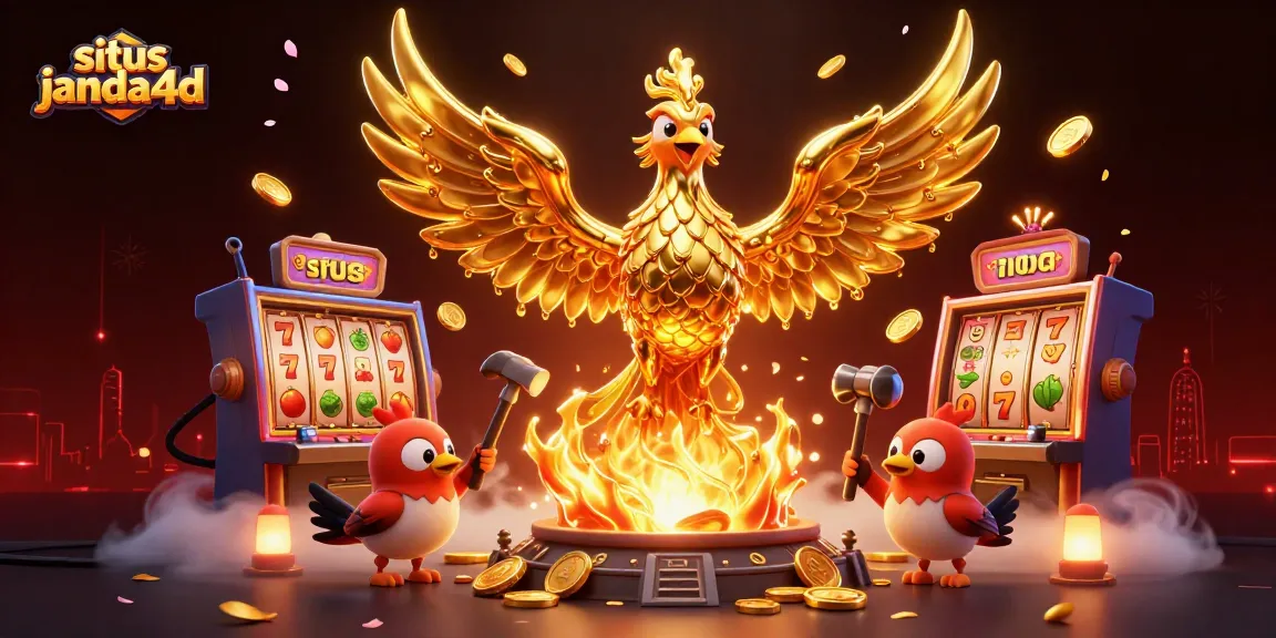 Situs janda4d menggambarkan permainan slot dengan karakter phoenix emas dan mobil slot yang bersinar, menampilkan keberuntungan dan keseruan.
