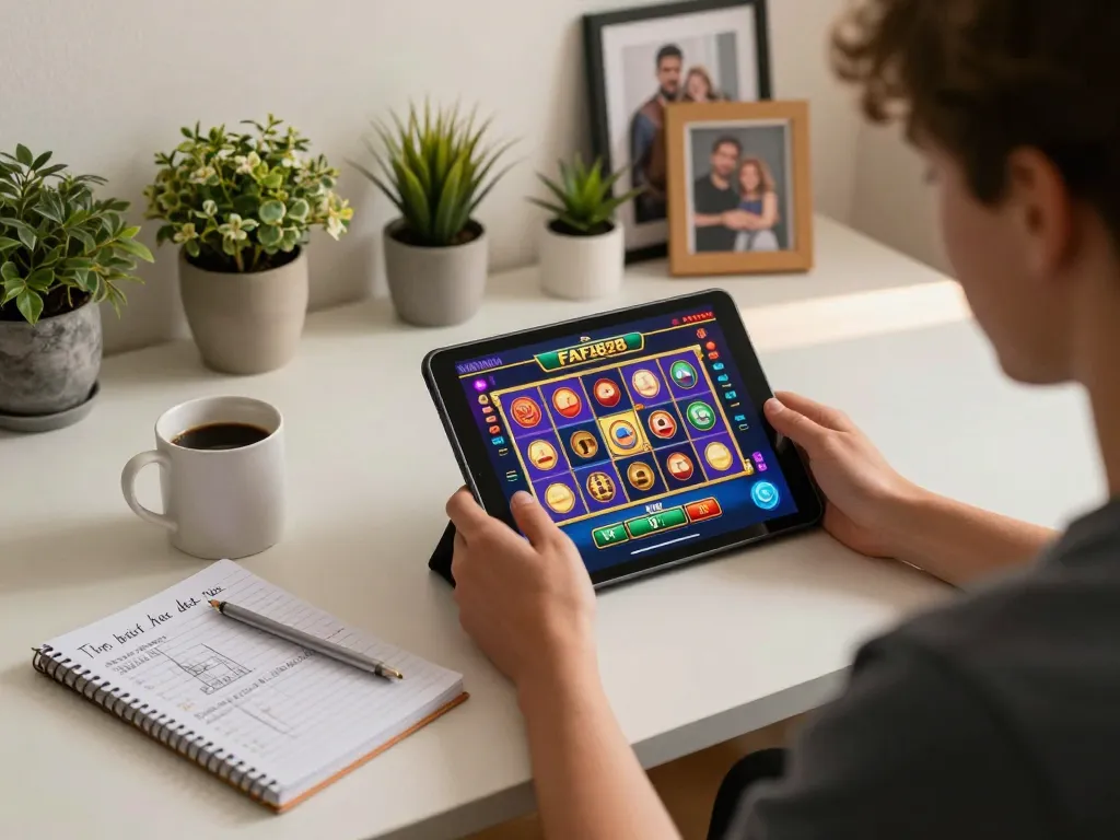 FAFA828 player enjoying an online casino game on a tablet, showcasing engaging gameplay in a cozy atmosphere.